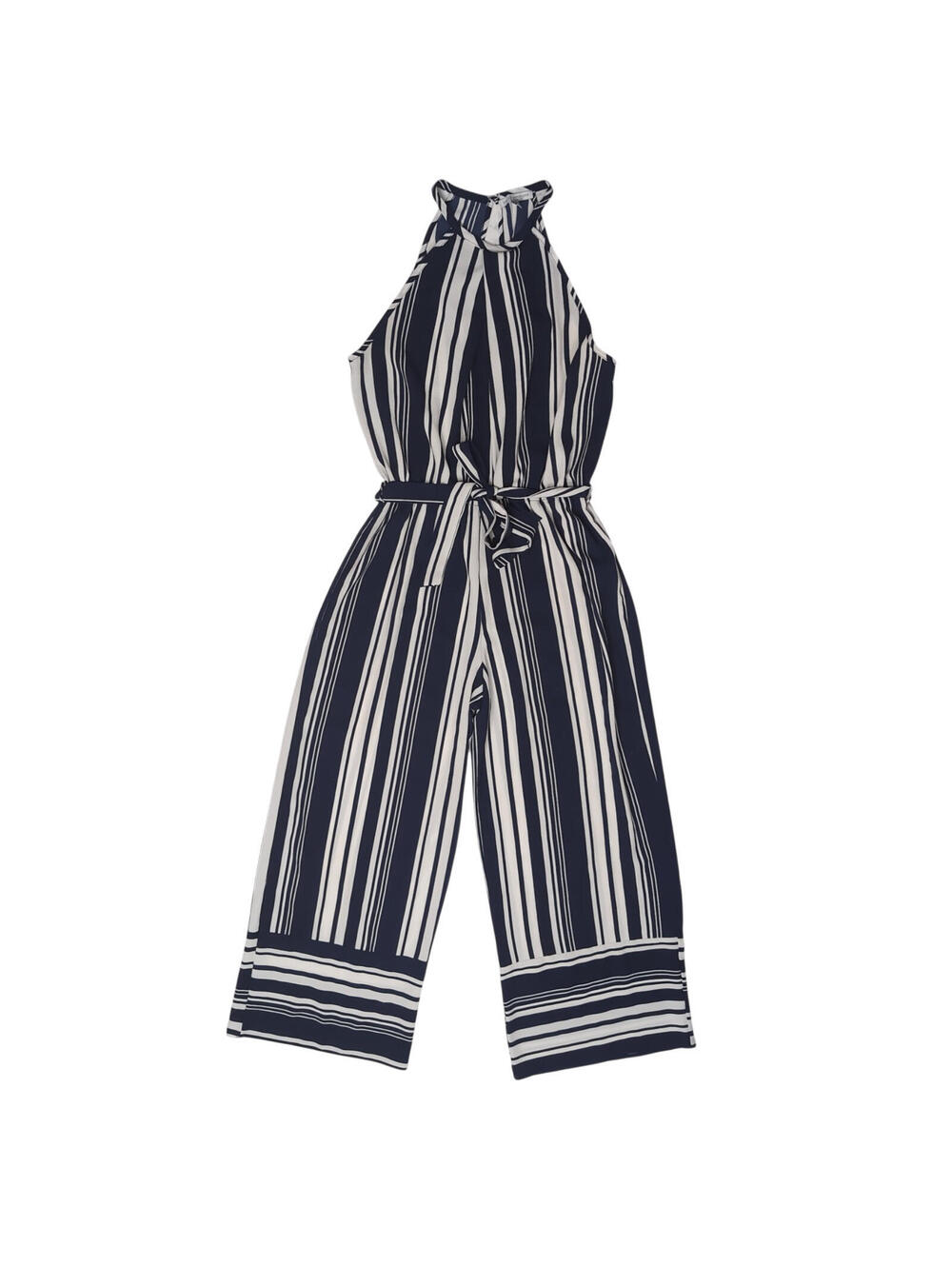 Green Envelope Jumpsuit M Navy Blue White Striped Halter Wide Leg Crop W/ Belt
